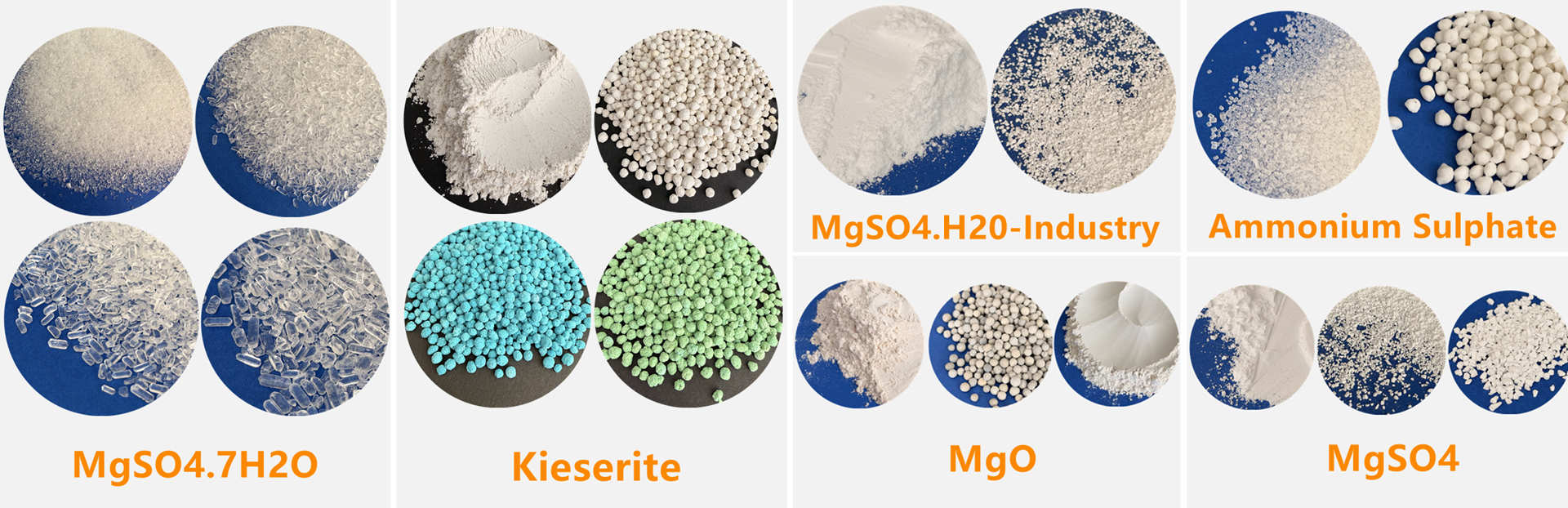 Display of Magnesium Sulfate Heptahydrate (MgSO4 7H2O), Kieserite, Industrial MgSO4 H2O, Ammonium Sulphate, MgO, and Anhydrous MgSO4 Crystals and Granules